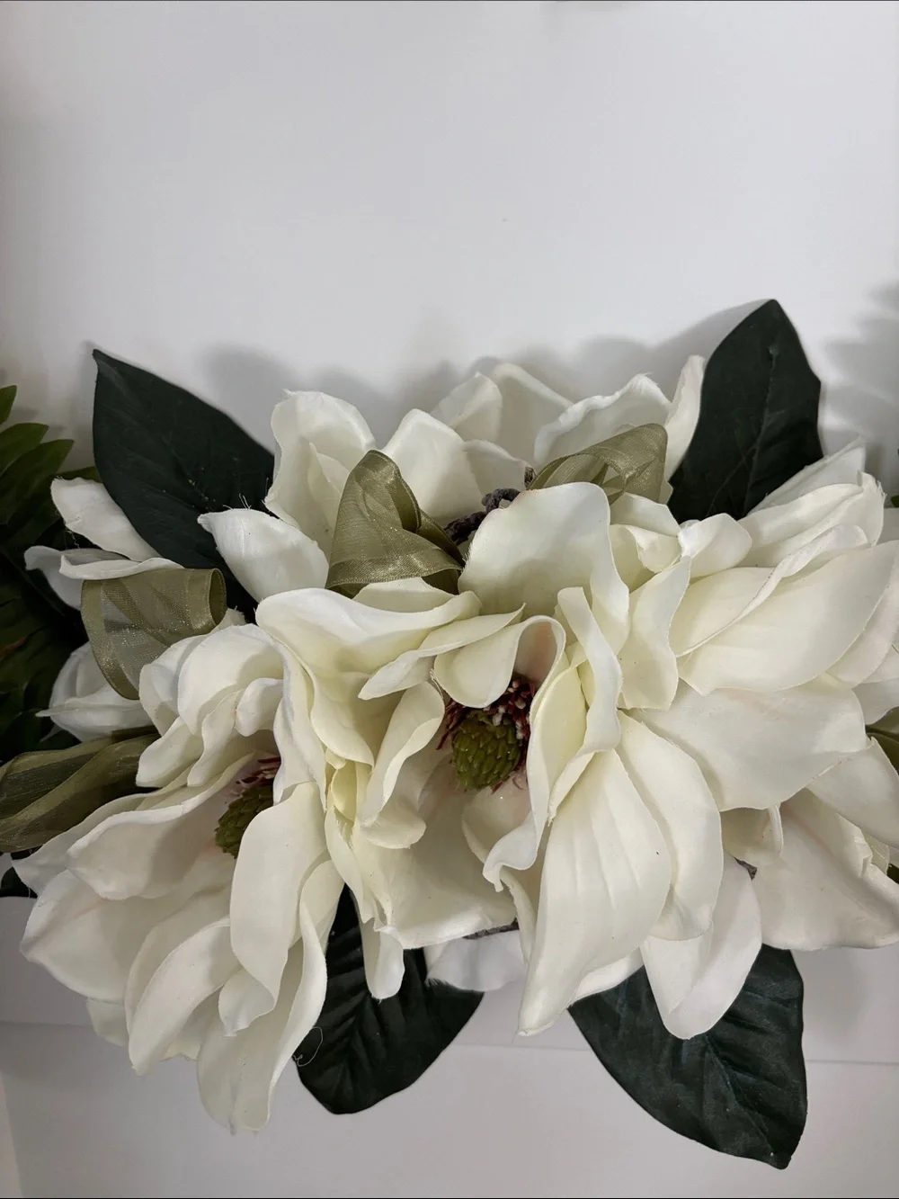 Hand Crafted White Floral Bead Hoop Wreath with Green Ribbon